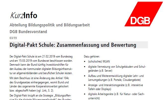 Dgb Kurzinfo Digital Pakt Schule Zusammenfassung Und Bewertung Ig Metall Krefeld